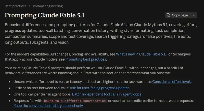 Anthropic's official "Prompting Claude Fable 5.1" documentation page, listing 16 behavioral differences and matching prompting techniques