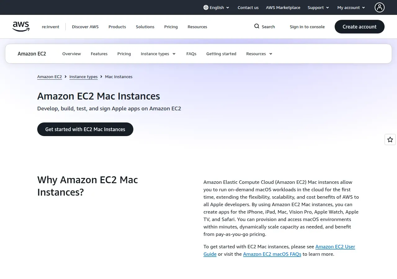 AWS EC2 Mac Instances page