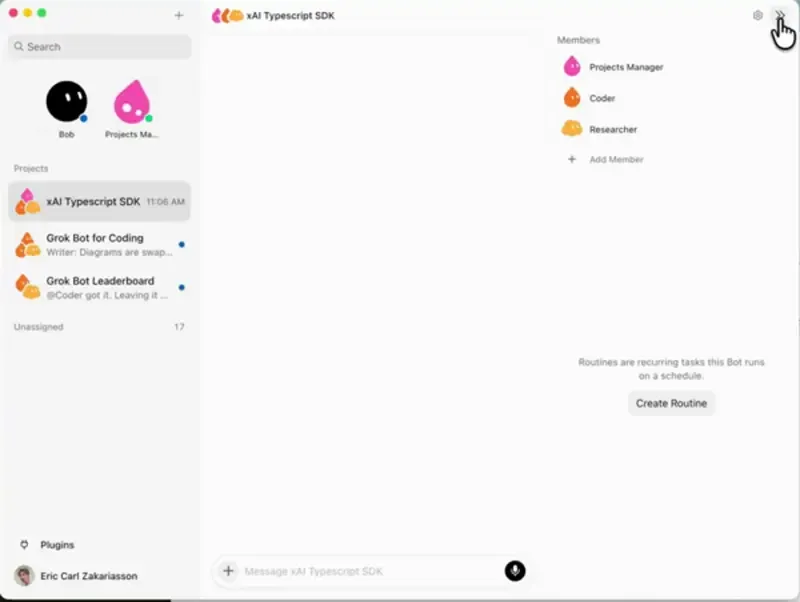 群聊介面:多個 Bot(Projects Manager、Coder、Researcher)在同一個 Project 裡協作,右邊可以建立 Routine