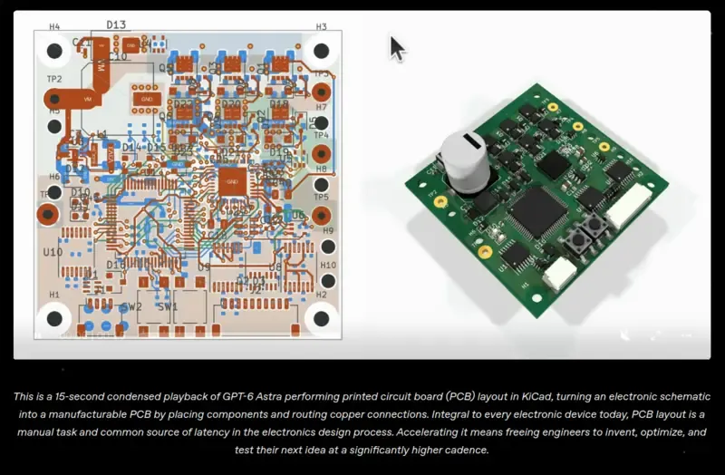 GPT-6 Astra routing a PCB in KiCad: automatically generating a manufacturable printed circuit board from a schematic, placing components, and connecting copper traces