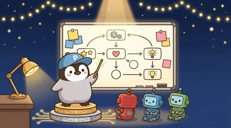 The orchestrator explains the workflow to small agents in front of a blackboard