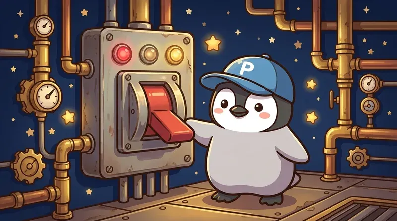 A penguin stands beside a large circuit breaker switch, cautious but in control