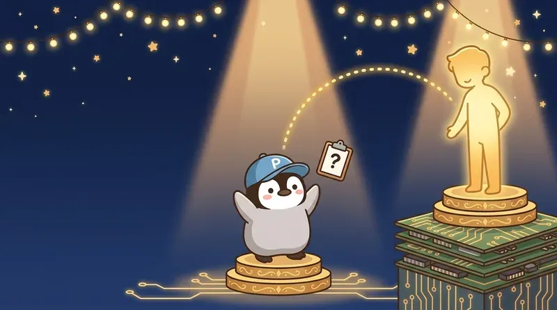 A penguin raises its flippers to call a distant human for help, connected by a golden dotted line