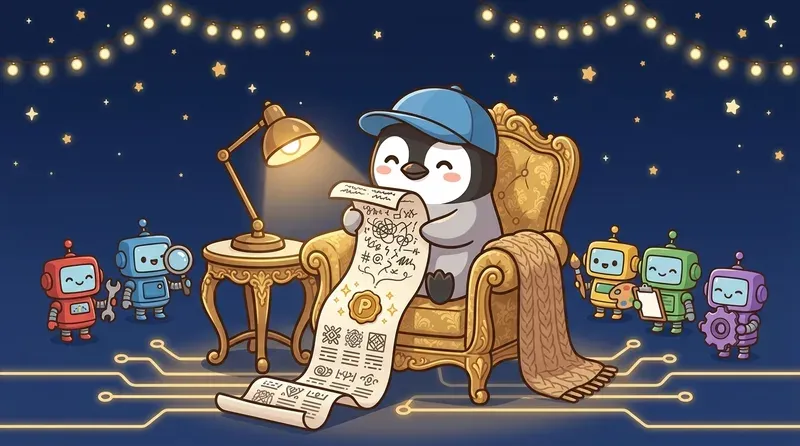 企鹅坐在舒适的椅子上,审阅一卷从混乱逐渐变整洁的长卷轴