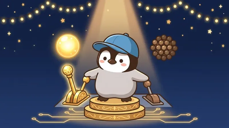 A penguin at a control panel decides which switch to pull: the large golden one or the smaller brown one