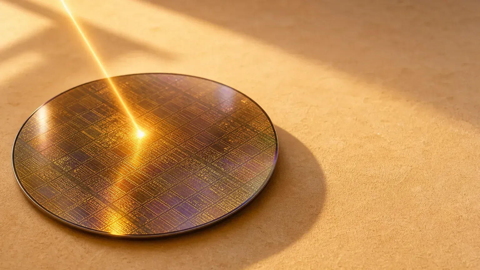 ASML EUV リソグラフィのイメージ：鏡面のシリコンウェハの表面に、収束した金色の光のコーンが当たり、極端紫外線の露光を象徴する