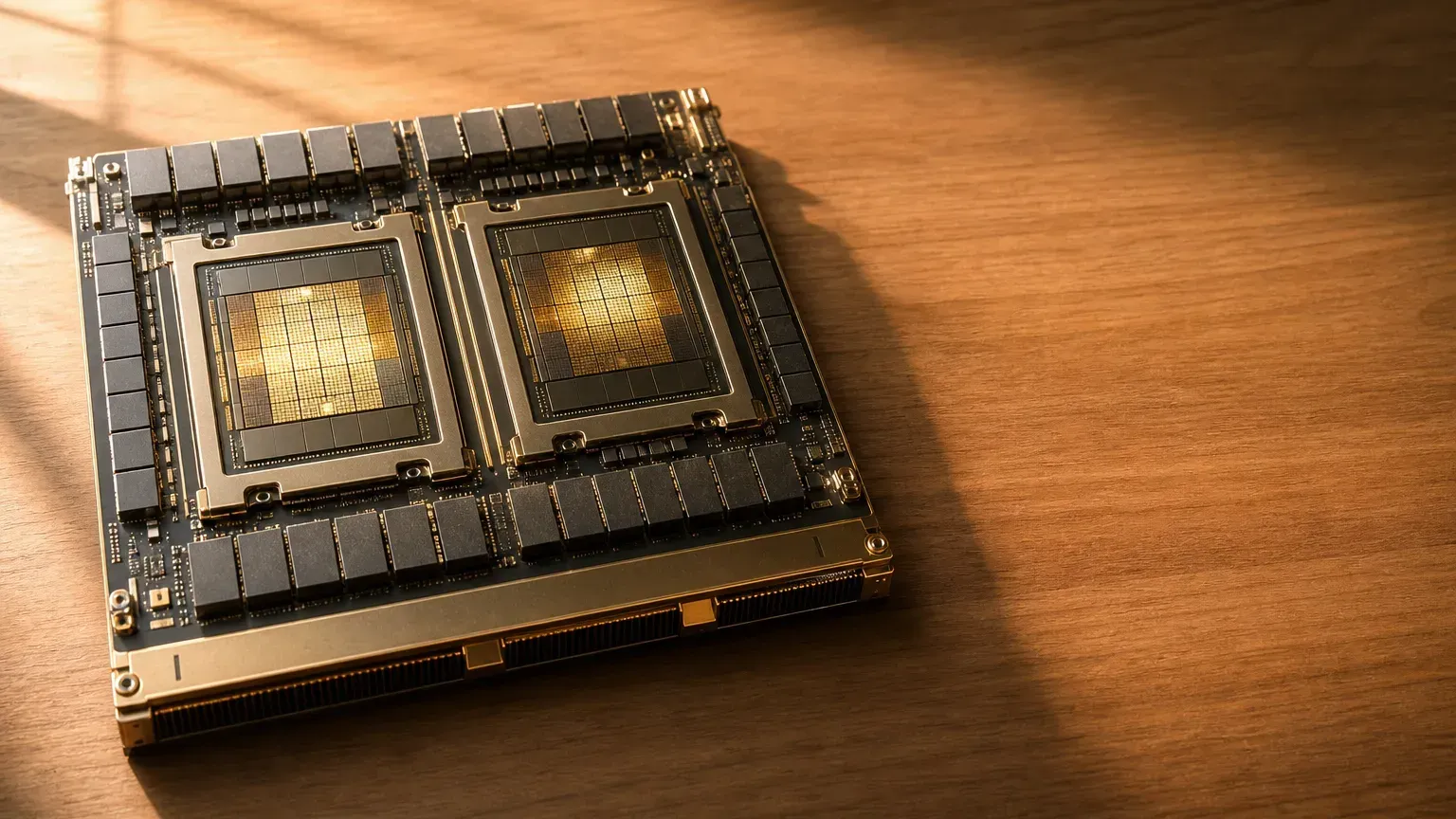 NVIDIA Blackwell AI 超級晶片示意：一塊基板上兩顆並排運算晶粒加環繞記憶體的旗艦加速器