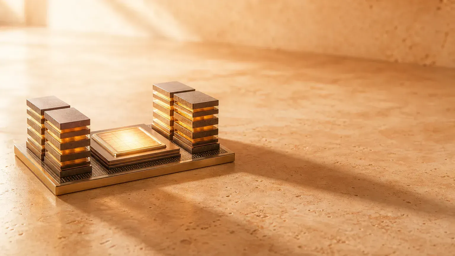 CoWoS advanced packaging illustration: a GPU die and several HBM memory stacks pressed onto a silicon interposer to form one large module