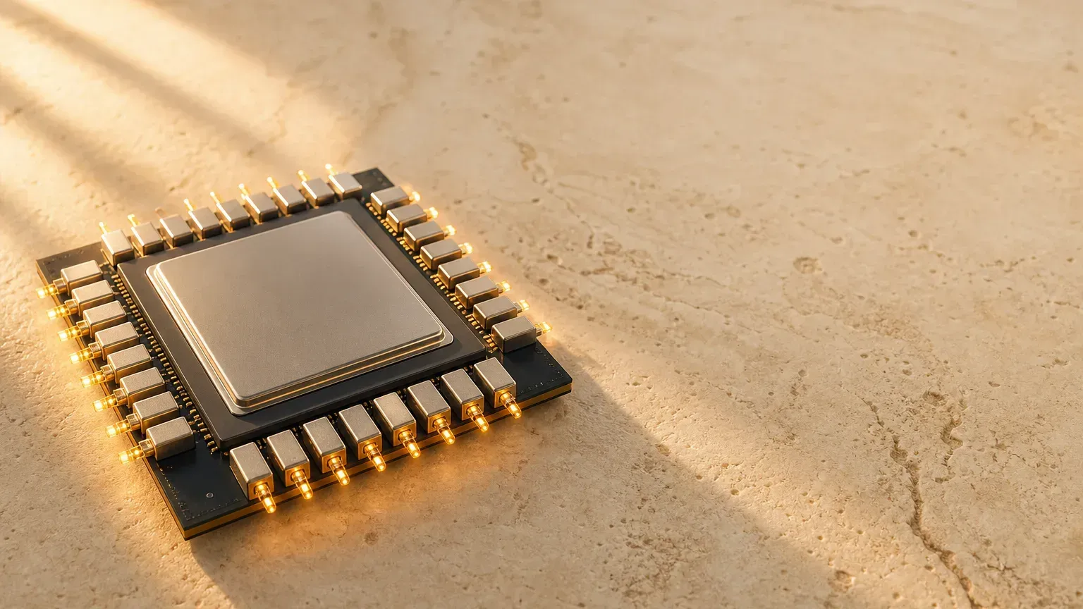 CPO co-packaged optics illustration: a large central switch chip surrounded by several small, warmly glowing optical engines and fiber connectors