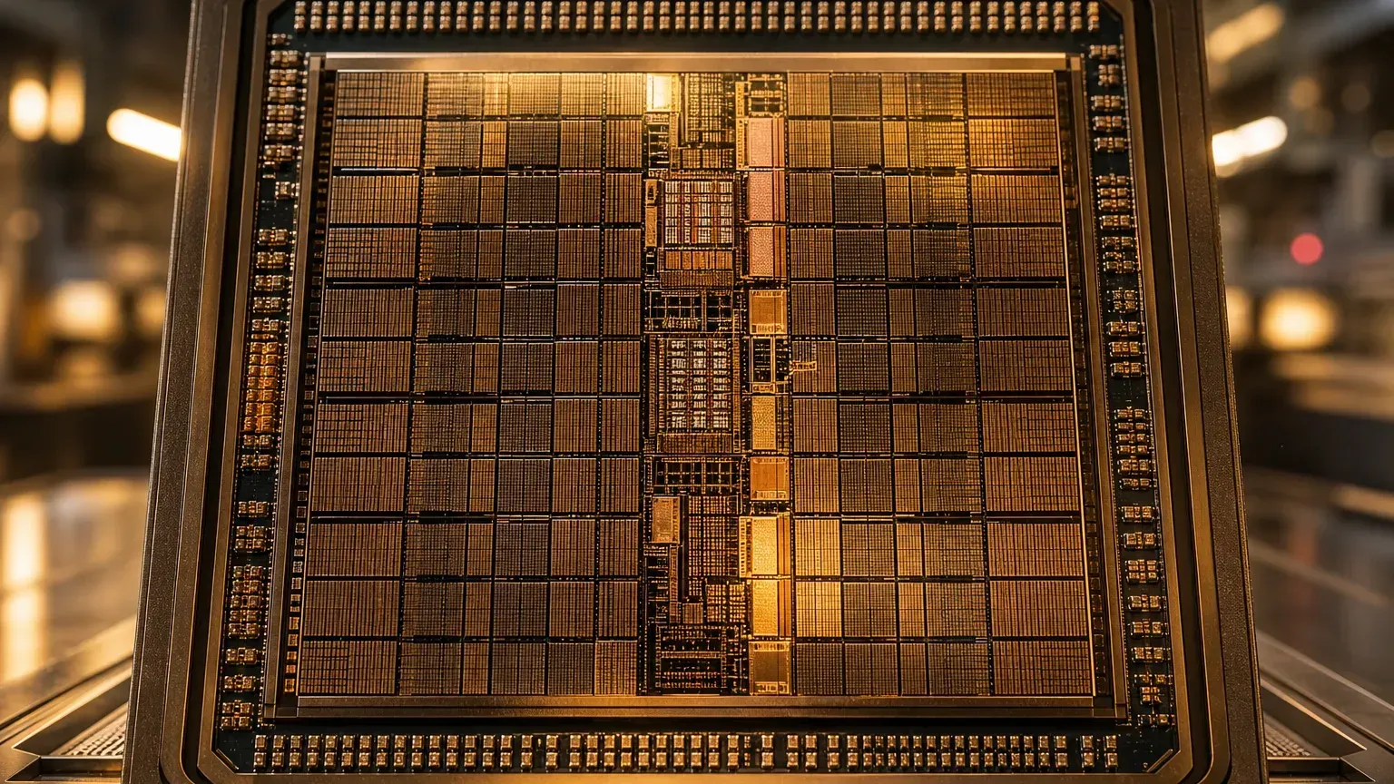 GPU illustration: a large AI accelerator chip under warm light, ringed by dense compute-core texture