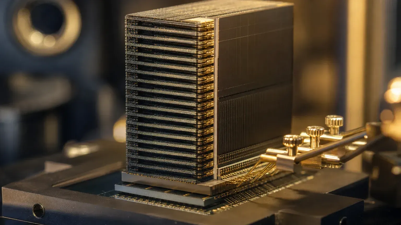 HBM サプライチェーンのイメージ：垂直に積層されたメモリチップと、その周辺のパッケージング・テスト工程、暖色のトーン