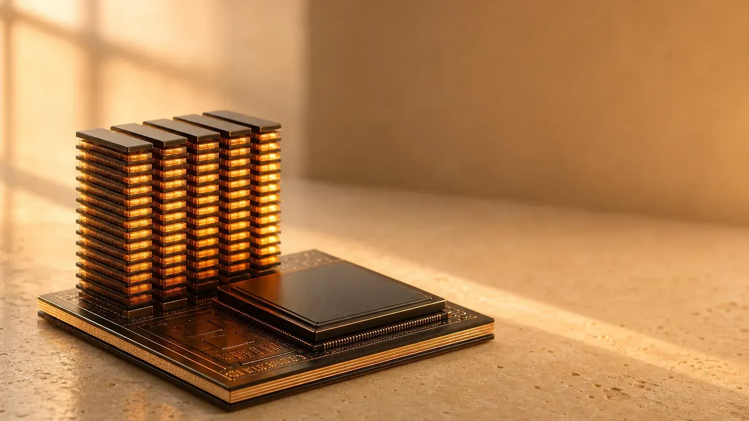 HBM 広帯域メモリのイメージ：複数層の DRAM を縦に積み上げ、シリコン貫通電極で貫通させ、GPU に密着させた超ワイドなメモリ