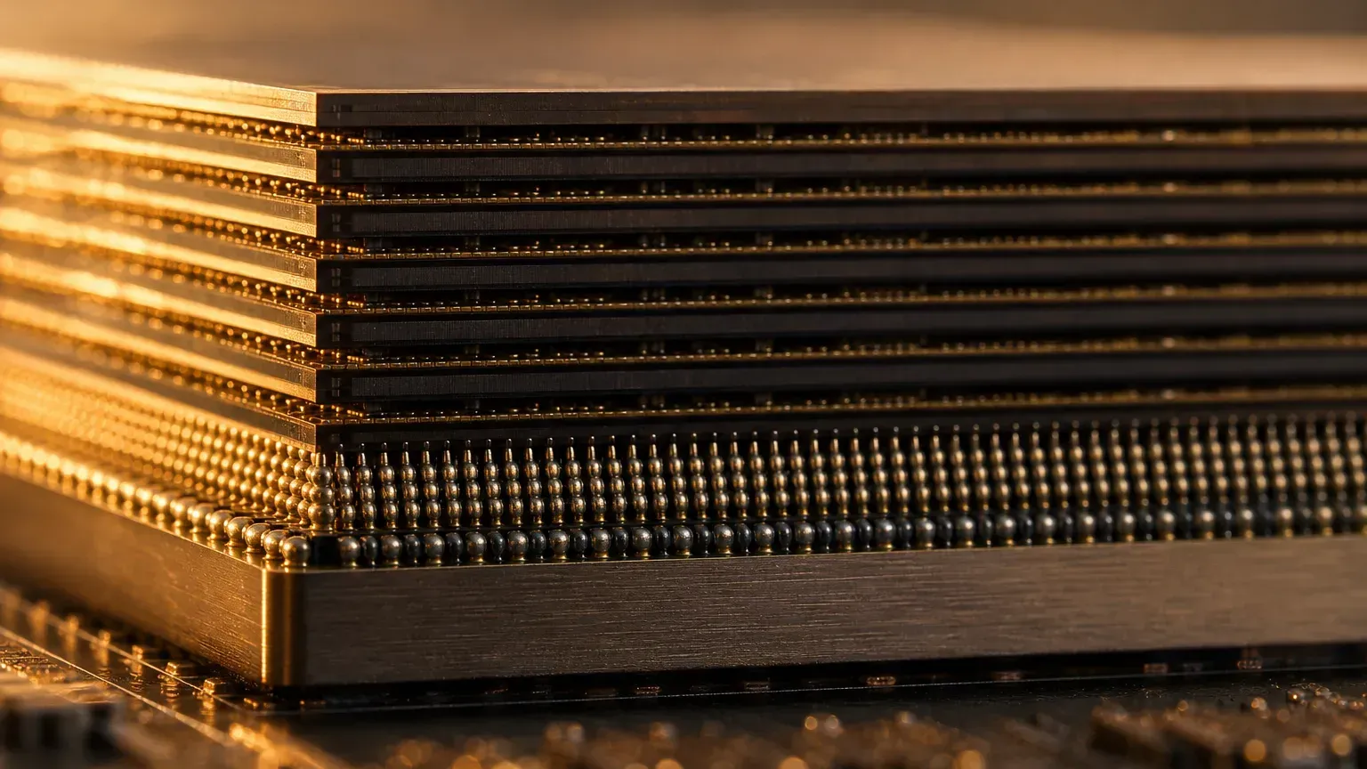 HBM4 のイメージ：次世代広帯域メモリのキューブと、広げられたデータインターフェース、暖色のクローズアップ
