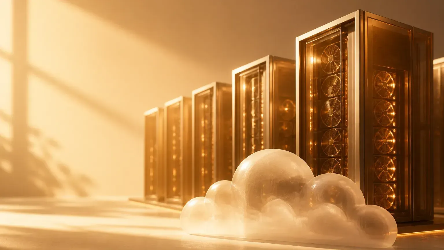 neocloud 計算リソース貸し出しのイメージ：ずらりと並んだ GPU サーバークラスターが AI モデル企業へ接続、暖色調