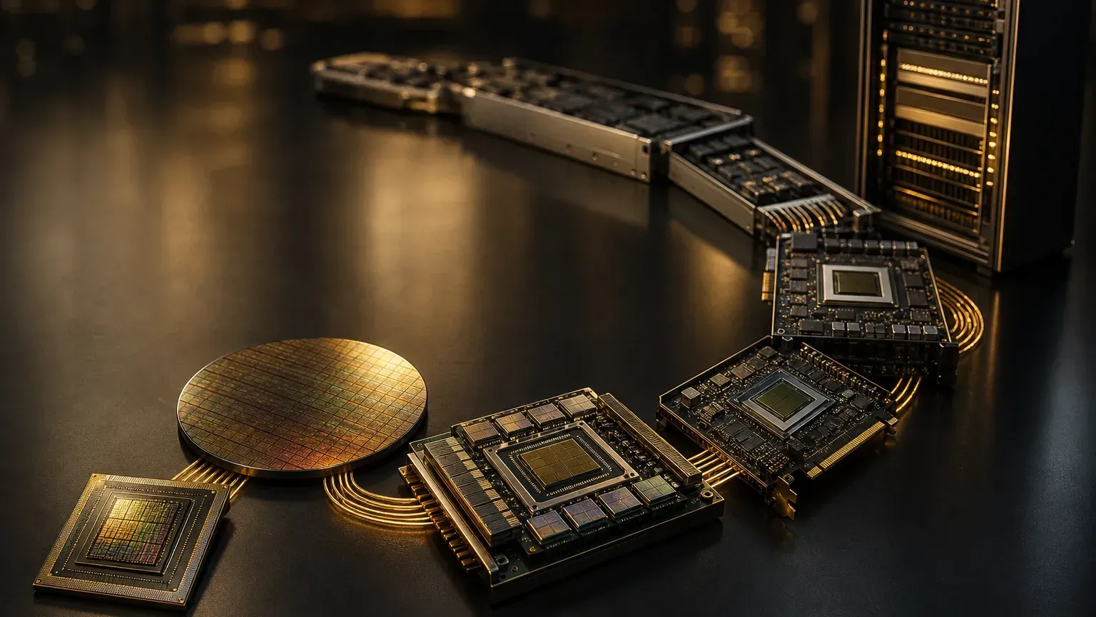 英伟达供应链示意：从 GPU 芯片、CoWoS 封装、HBM 到整柜 AI 服务器的一条龙，暖色调
