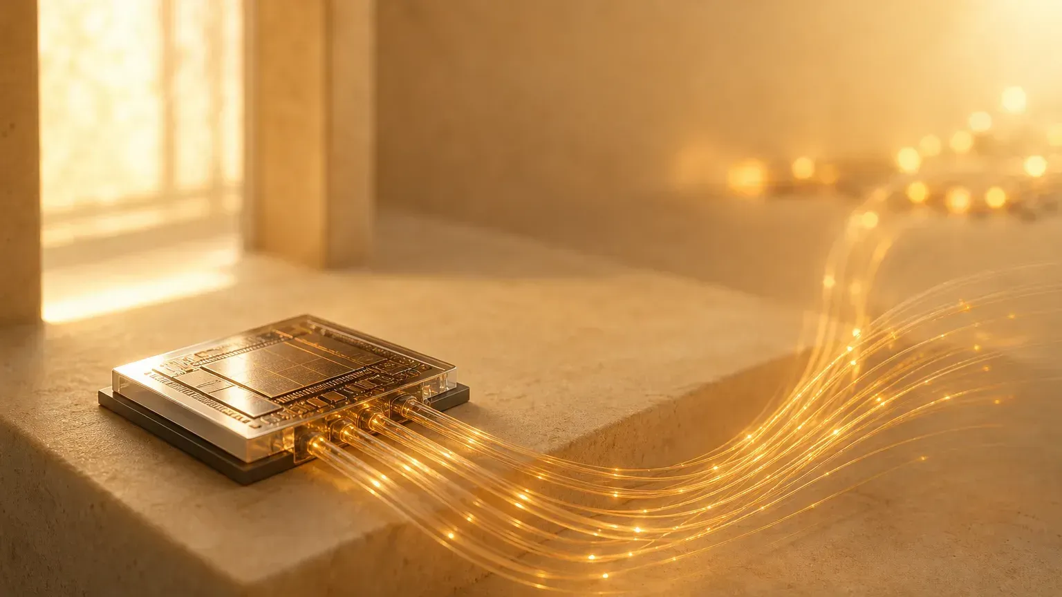 Silicon photonics and optical interconnect illustration: an optical engine hugging the switch chip, moving data at high speed between AI clusters over fiber