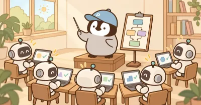 AI 生成：小企鹅站在讲台上，指着一张流程图，一群小机器人在笔记本电脑前分工做事