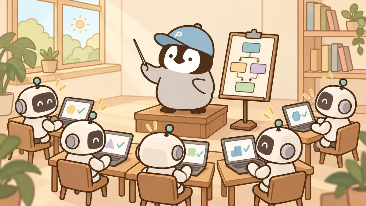 AI 生成：小企鵝站在講台上，指著一張流程圖，一群小機器人在筆電前分工做事