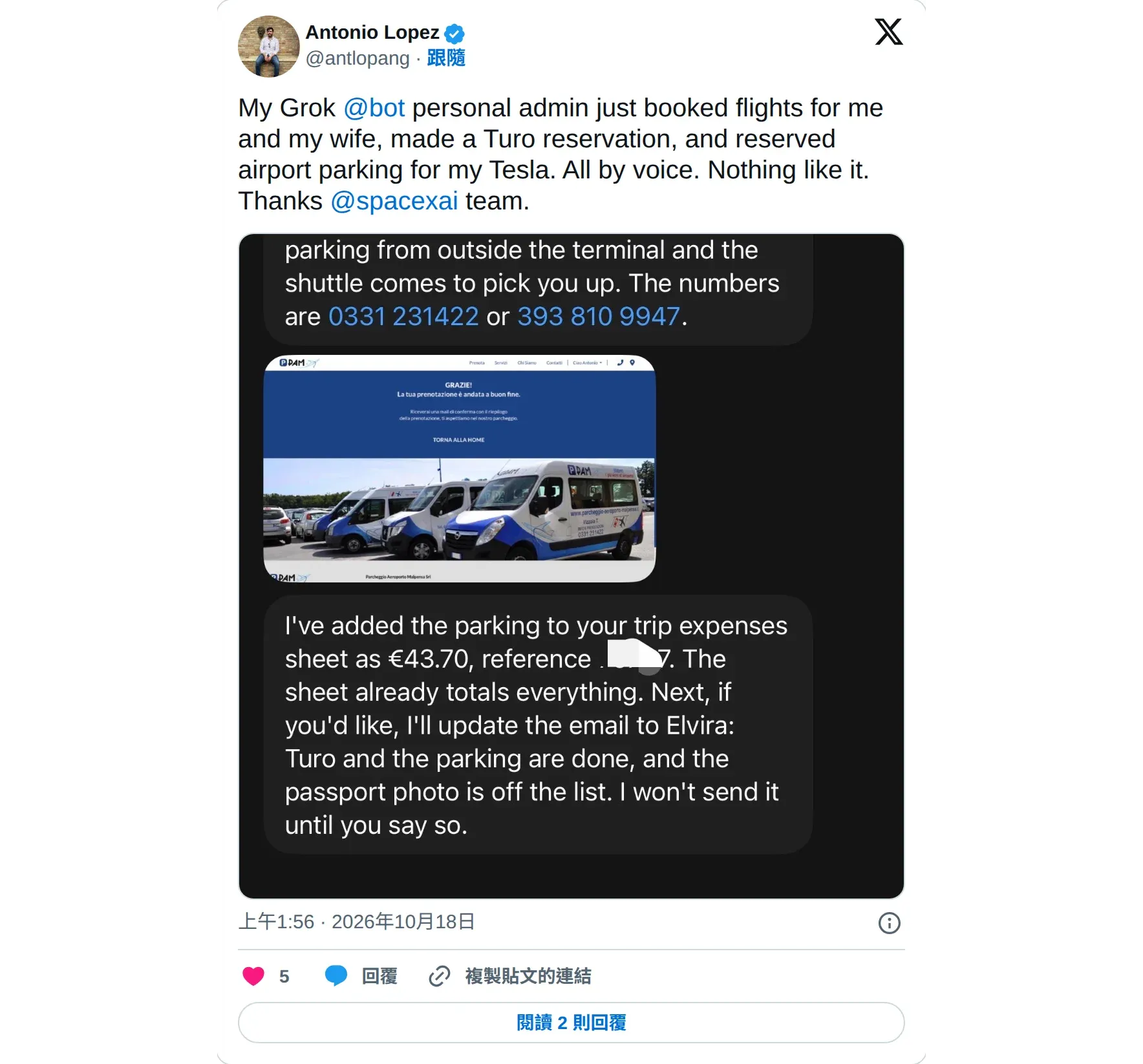 @antlopang 的 X 貼文：Grok Bot 用語音訂好機票、租車和機場停車位