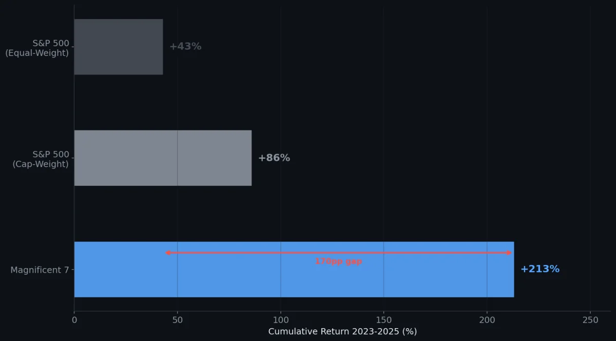 Magnificent 7 vs S&P 500 累計報酬(2023-2025)