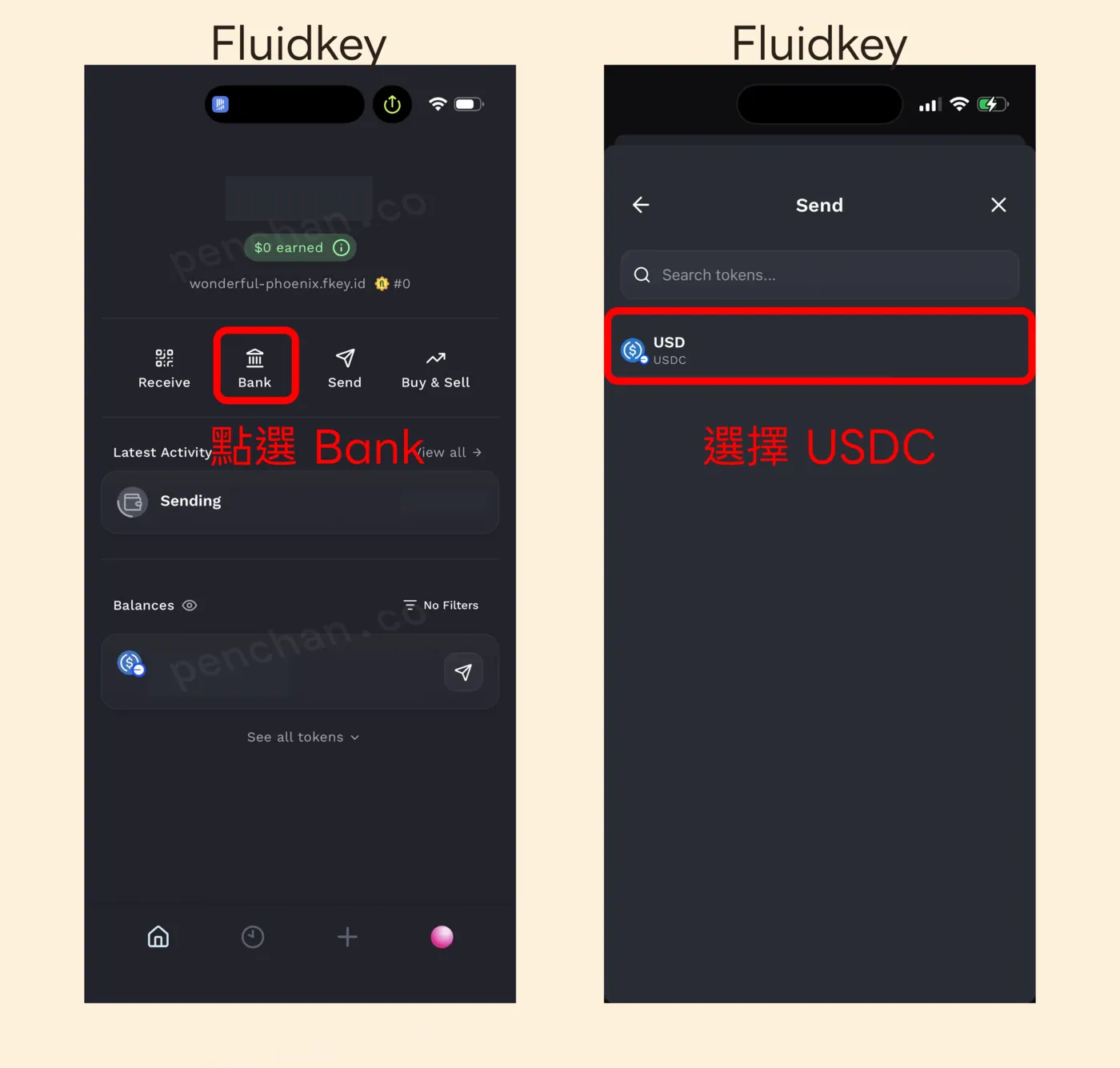 FluidKey operation: tap Bank on the home screen, choose USD (USDC), then open the USD account page to view Bank Details