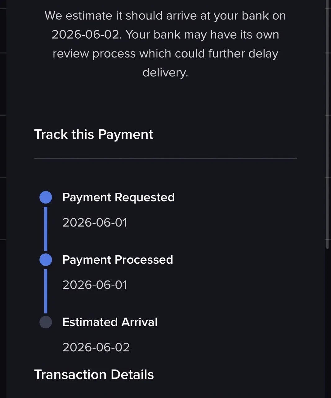 IBKR withdrawal receipt: Payment Requested 2026-06-01, Payment Processed 2026-06-01, Estimated Arrival 2026-06-02, with Track this Payment available