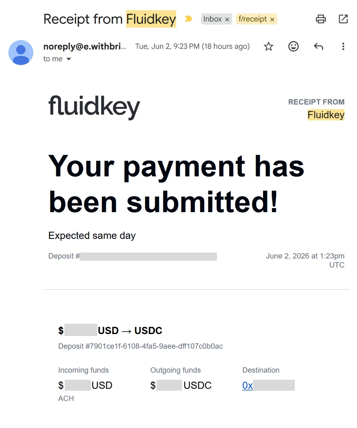 Confirmation email from FluidKey (Bridge): Your payment has been submitted, USD to USDC, destination is a Base address, time 2026-06-02 1:23pm UTC
