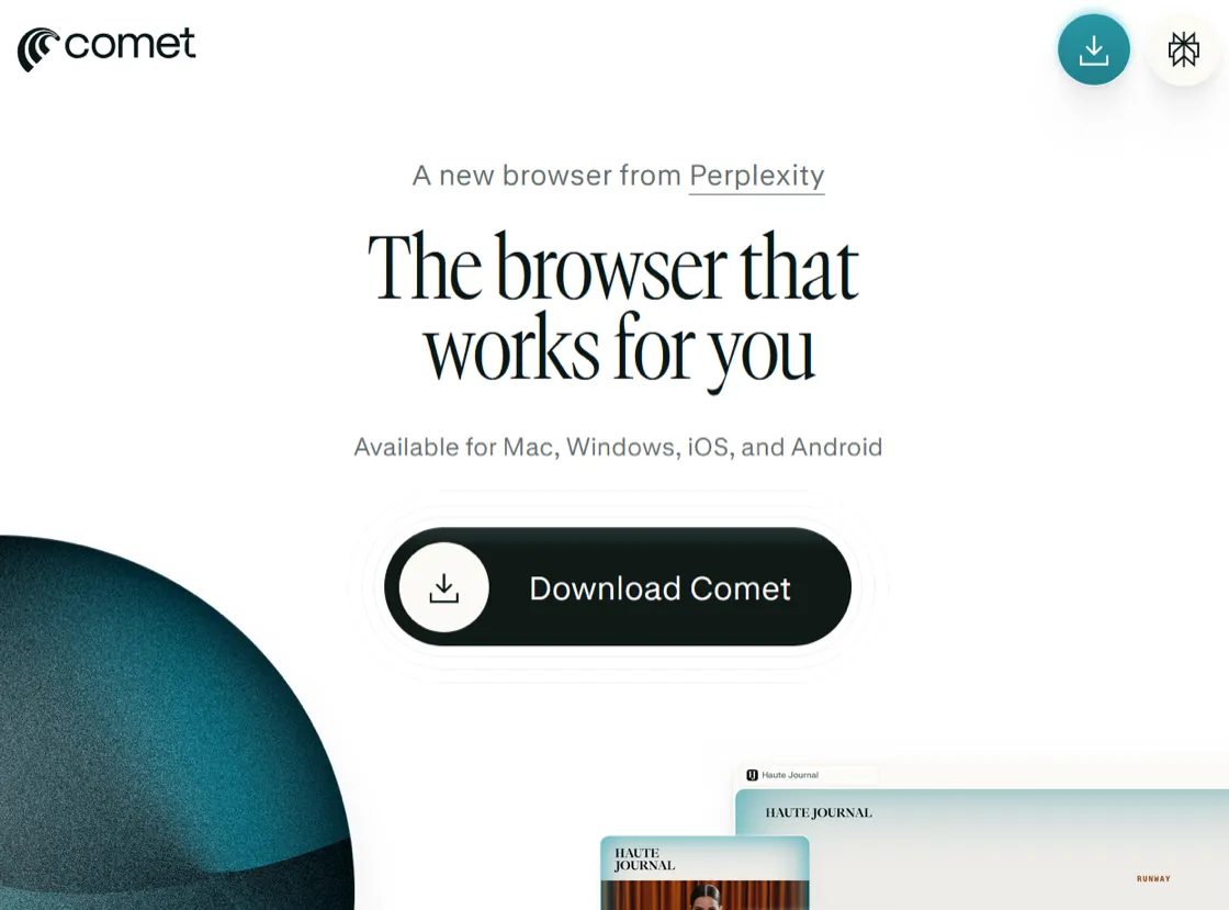 Comet 公式サイトのトップ:「The browser that works for you」、Perplexity のブラウザ、Mac/Windows/iOS/Android に対応(画像:Perplexity Comet 公式サイト)
