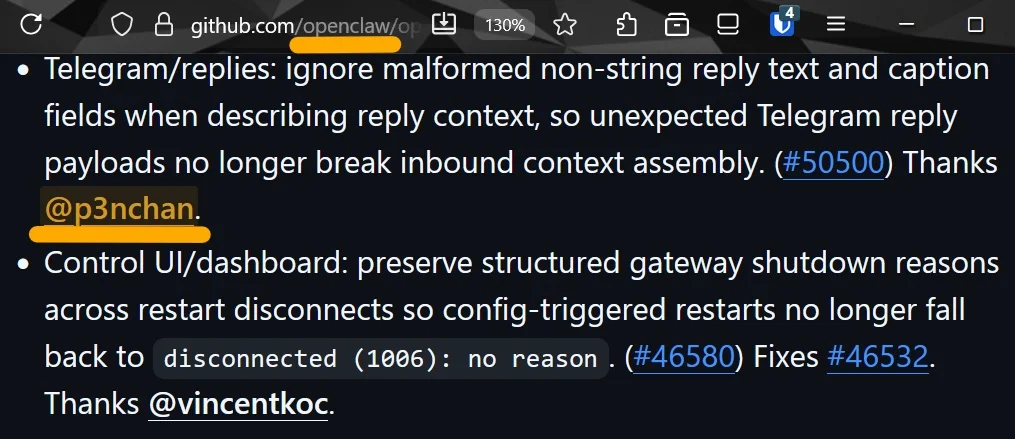 Selected upstream contributions to the openclaw GitHub repo: #50500 Telegram reply fix and #46580 Control UI restart reason preservation.