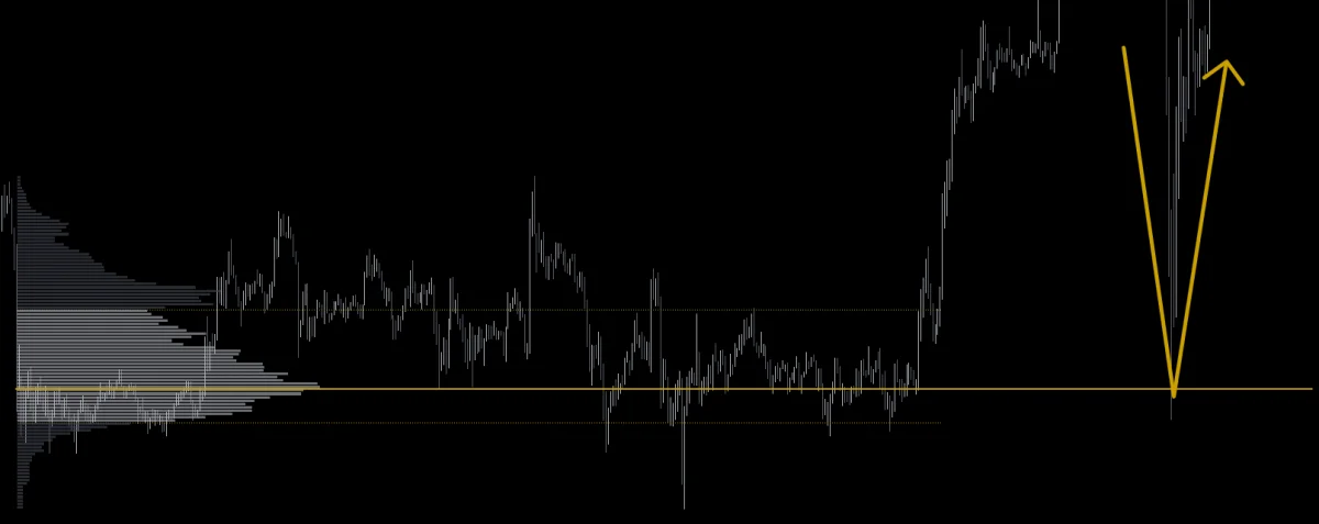 價格急漲後沿黃線回落至 POC 水平線隨即強彈,對應強動量進入合理價值區間後觸碰控制點就離場