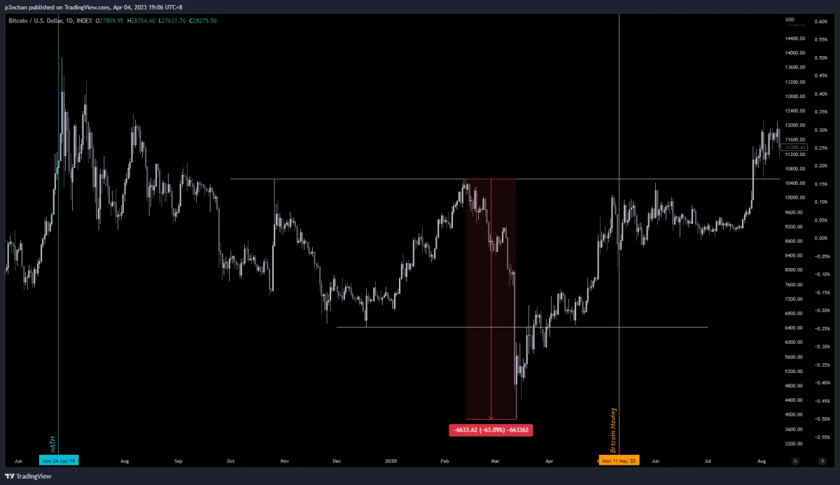 2020 pre-halving daily chart marks a red zone with a drop of more than 60%, then price rebounds and returns above the consolidation range before halving