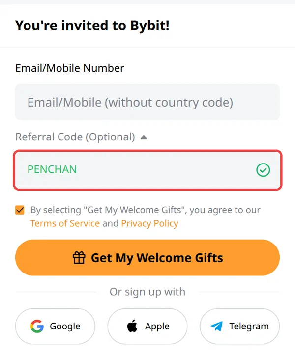 Bybit 註冊頁，紅框為 Referral Code 邀請碼欄位