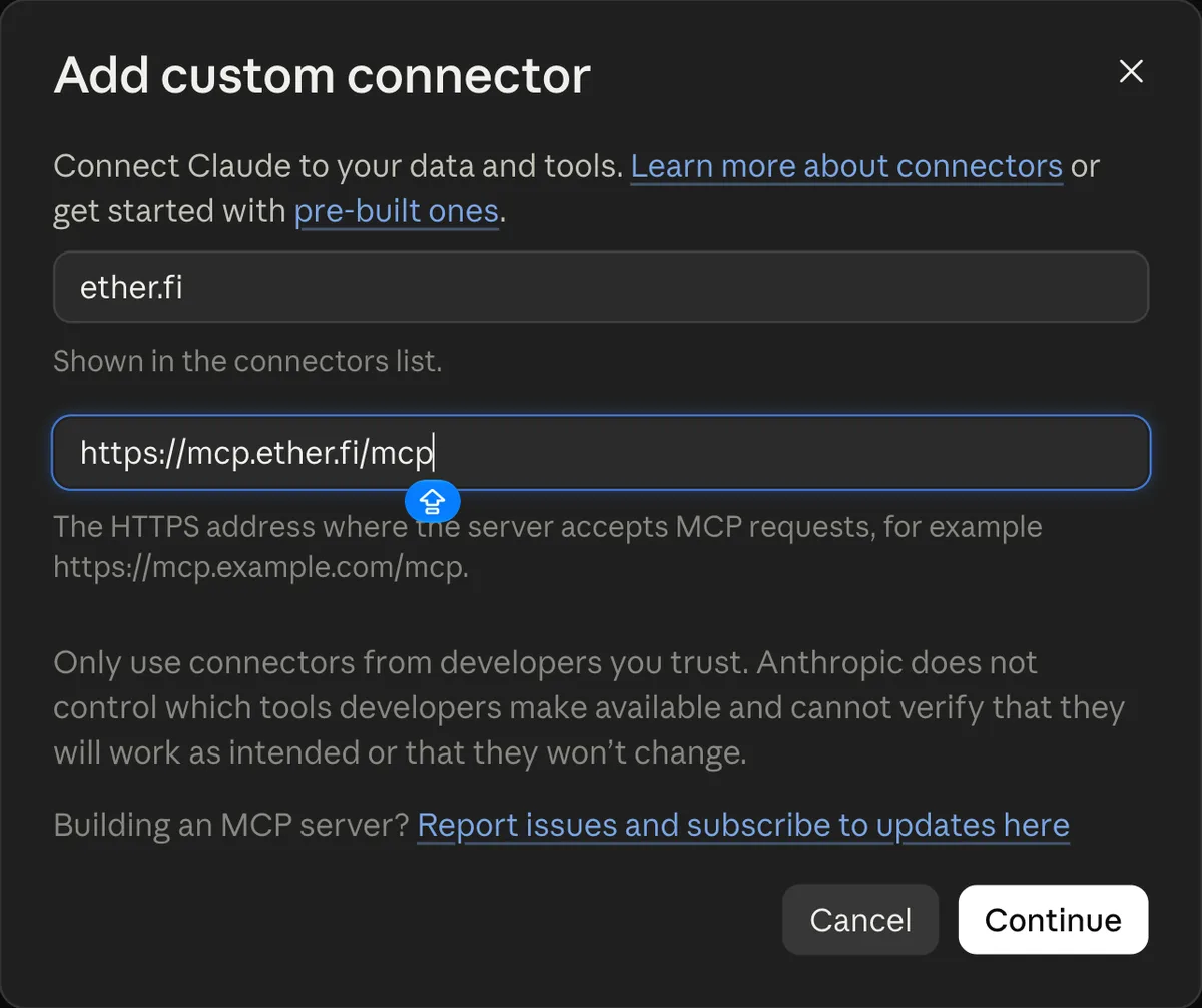 Claude 的 Add custom connector 視窗，名稱 ether.fi，網址 https://mcp.ether.fi/mcp