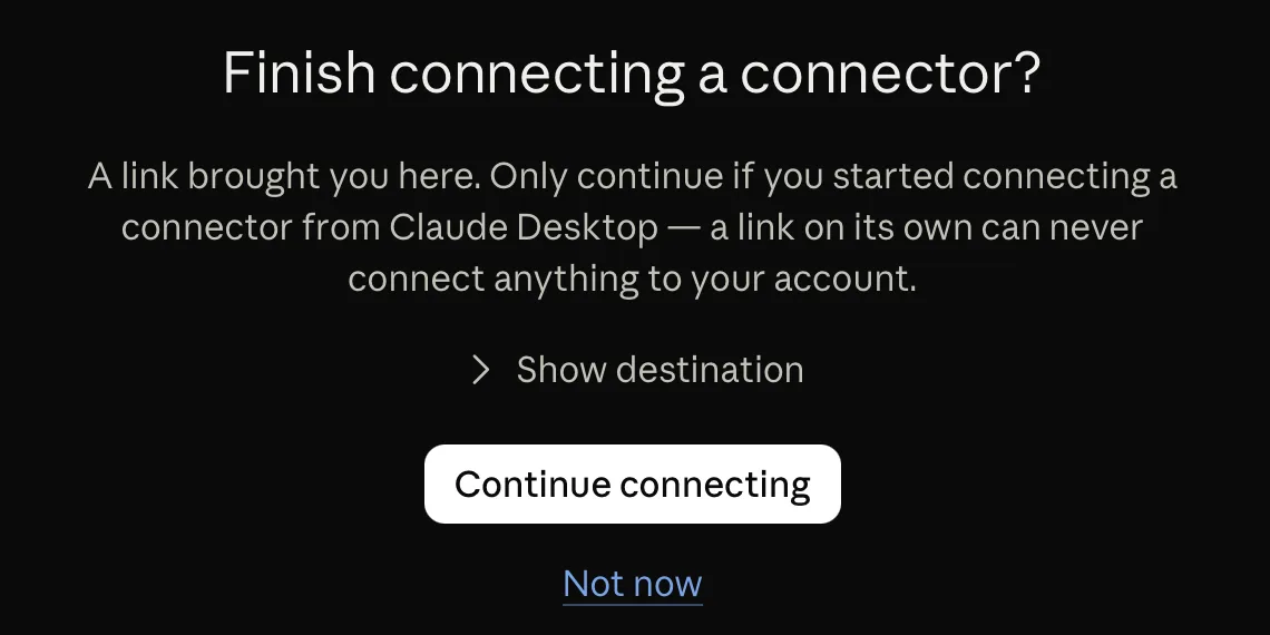 Claude 的 Finish connecting a connector? 頁面與 Continue connecting 按鈕