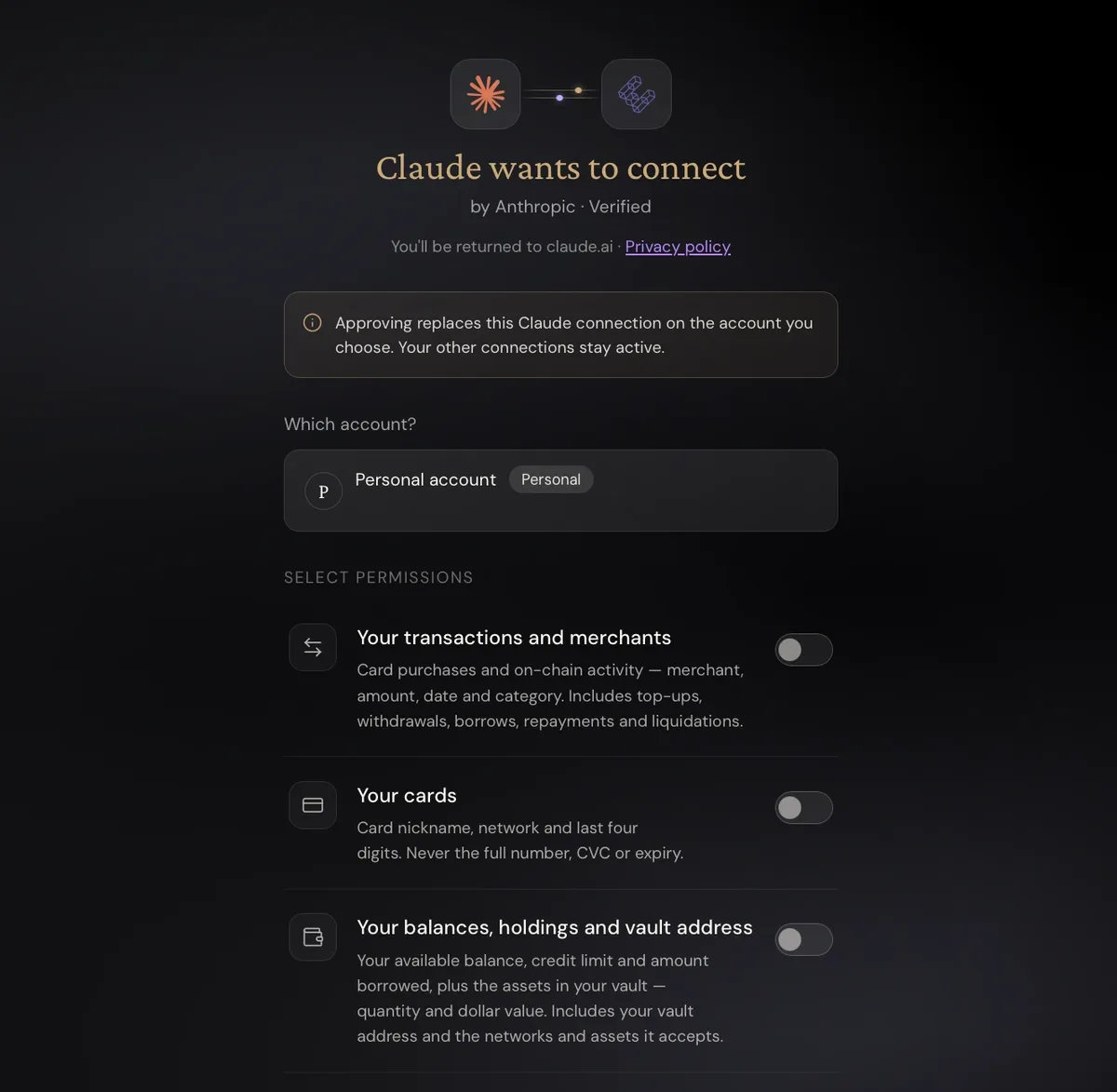 ether.fi 核准頁，Claude wants to connect、Verified 與三個權限開關