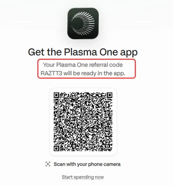 Plasma One 推薦連結頁面，紅框寫著推薦碼 RAZTT3 會在 App 裡準備好