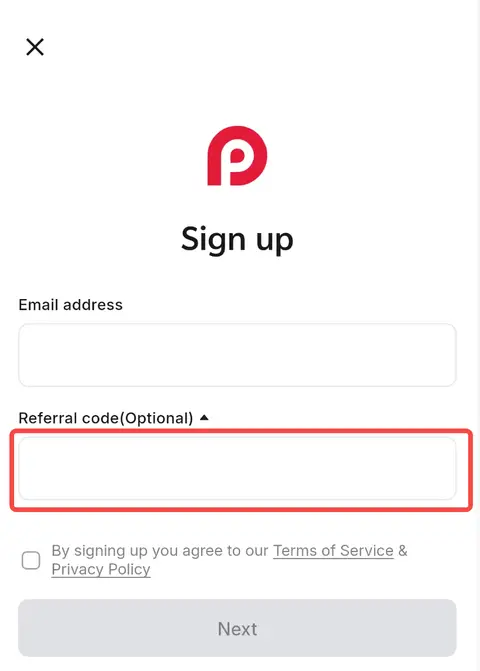 RedotPay App 註冊頁面，展開邀請碼 Referral code 欄位