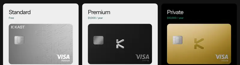 KAST 官網的 Standard、Premium、Private 三種卡片方案