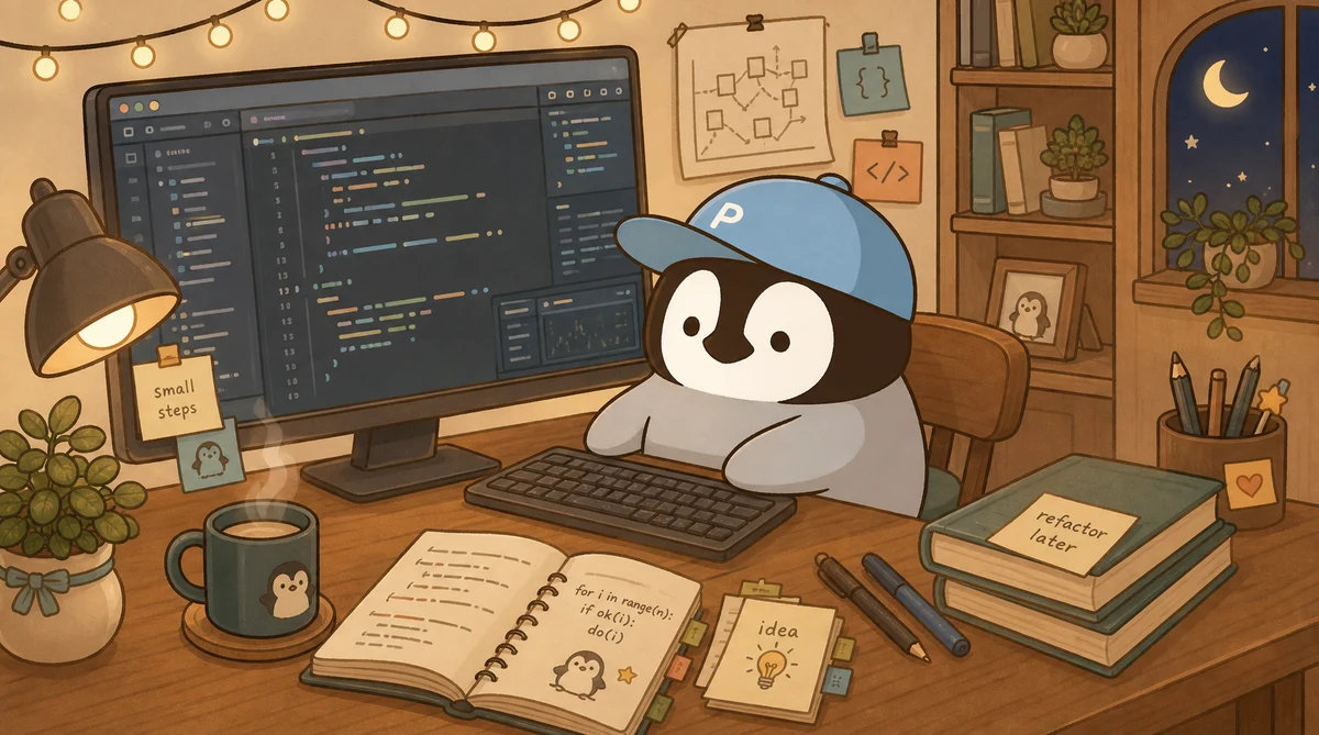 Penchan sliding code sheets around in a cozy IDE corner while carefully checking Cursor's real-time edits