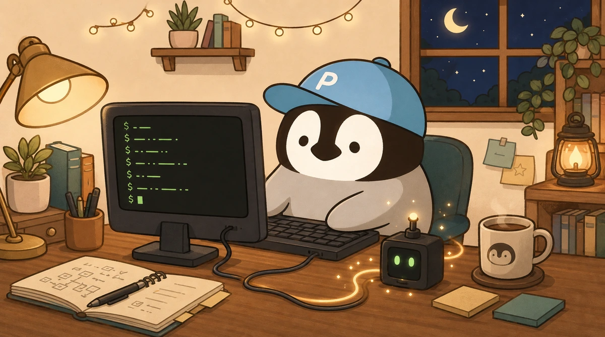 Penchan connecting cables in a warm terminal corner so the indicator lights blink along while repo tasks run