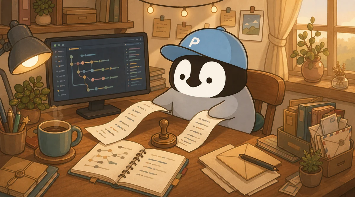Penchan sending a paper airplane from a keyboard into a small mailbox, symbolizing review tasks inside the GitHub workflow