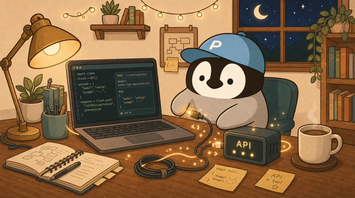 Penchan feeding glowing beads into transparent tubes on a wooden workbench while assembling a custom Codex API toolchain