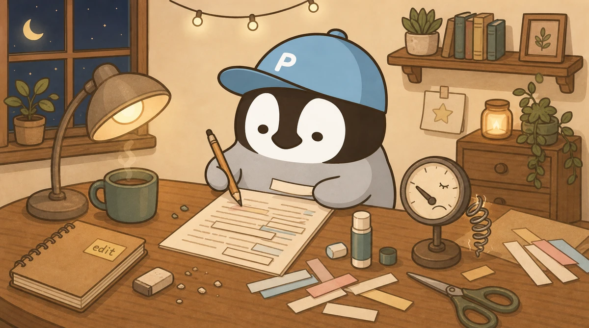 暖かい照明の下で、Penchanが紙片と鉛筆を使って記事の下書きを書き換える