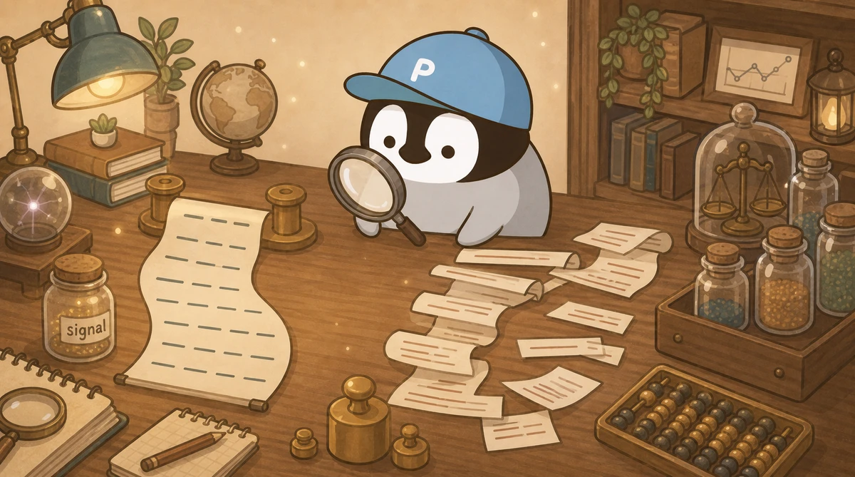 Penchanが虫眼鏡で長さの違う文章の紙テープを観察する