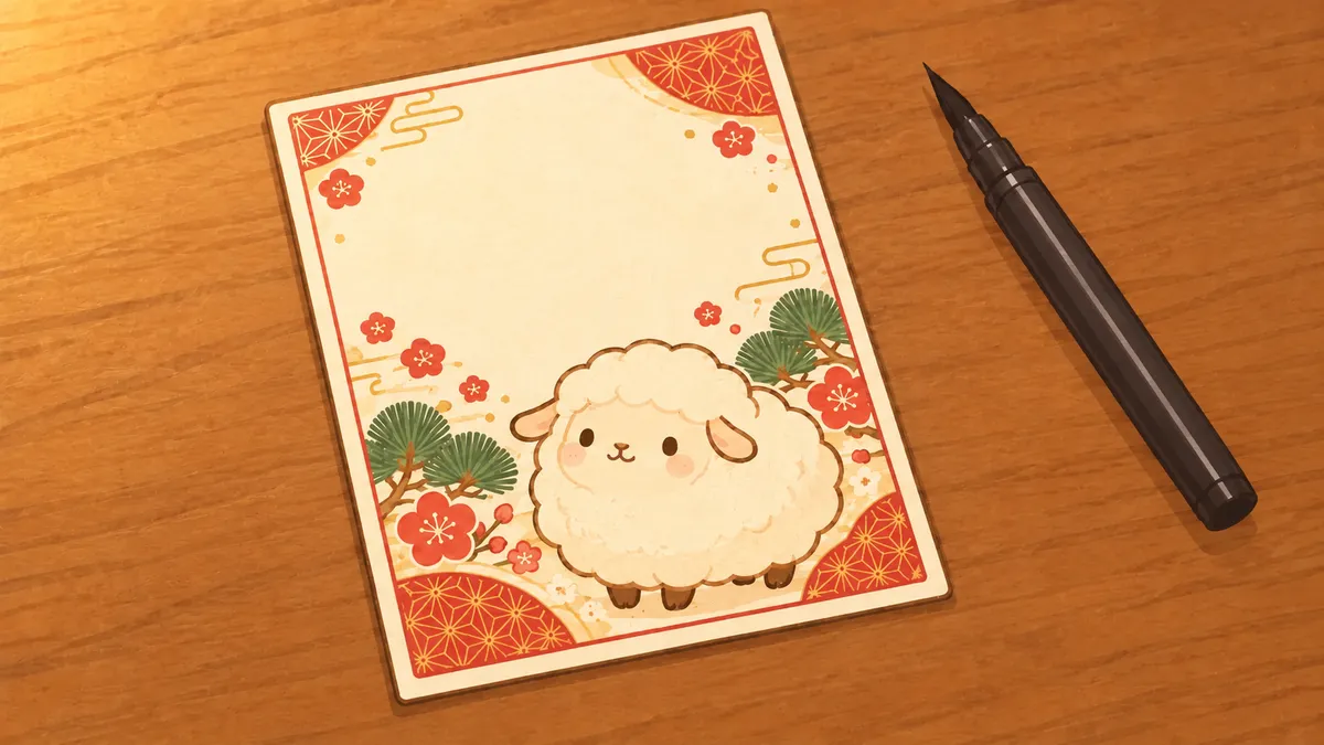 AIで作った未年の年賀状デザイン例。ふわふわの羊と梅・松の飾り