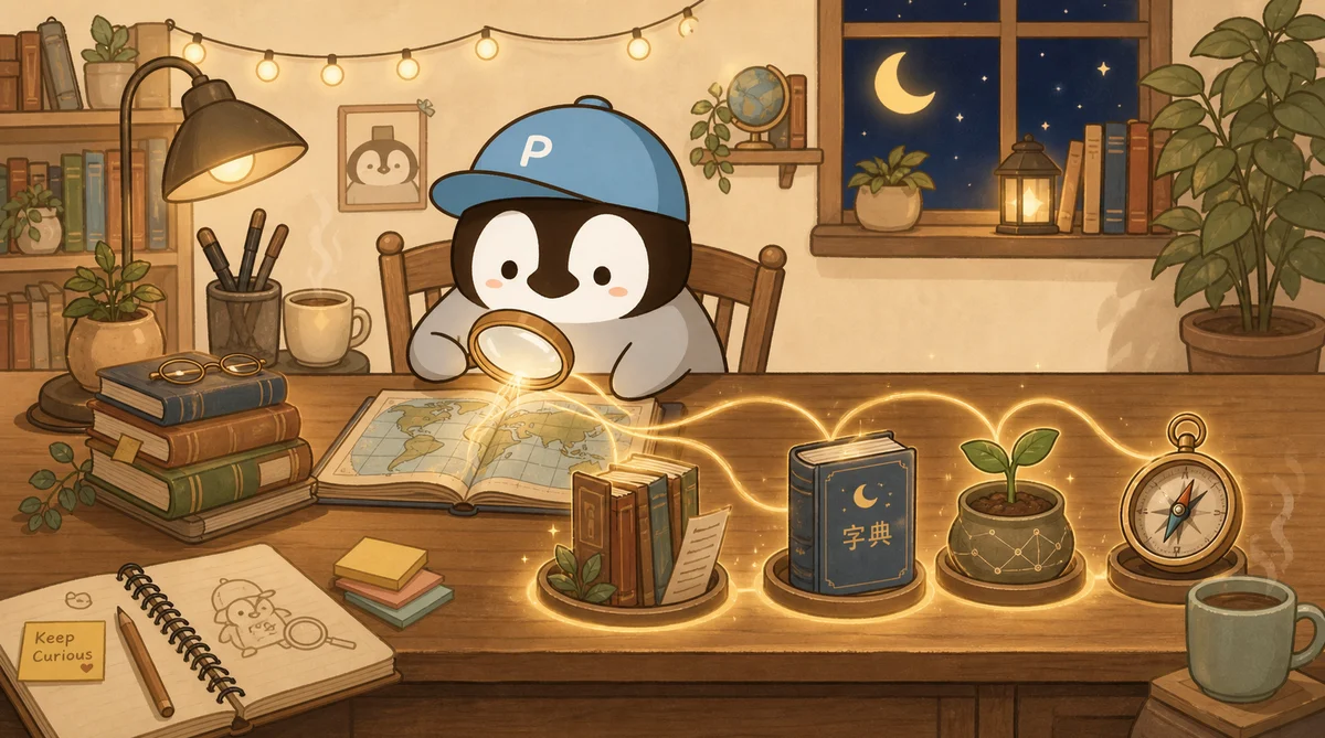 Penchan organizing four search clues in front of a card catalog