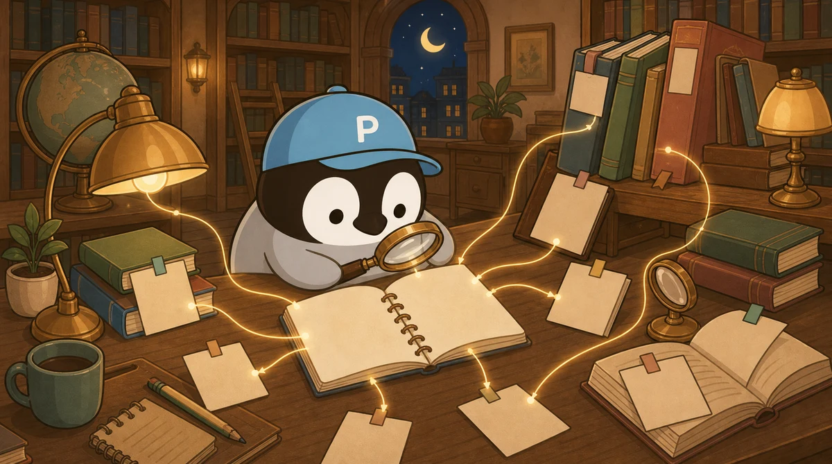 Penchan using a magnifying glass to follow golden clues back to sources
