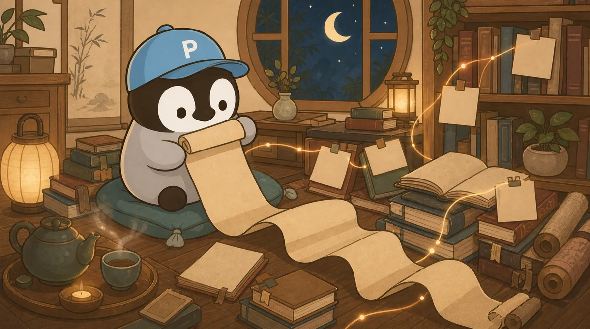 Penchan pulling open a long Chinese scroll and reading carefully