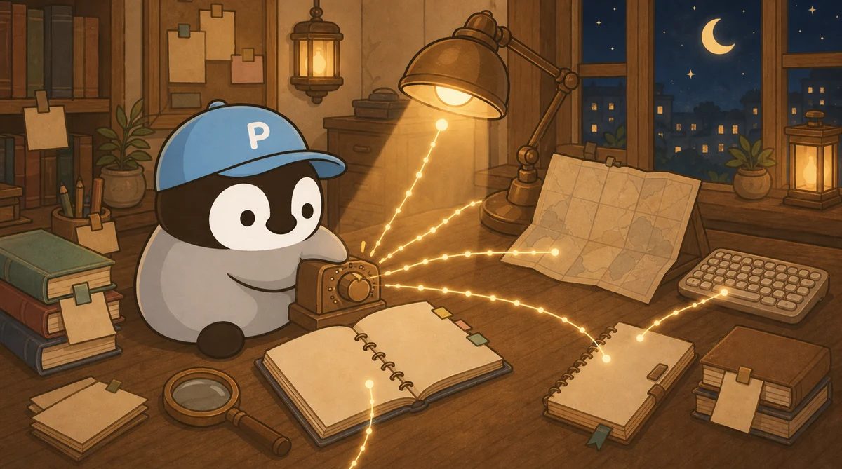 Penchan turning a wooden knob on the desk to switch search tools