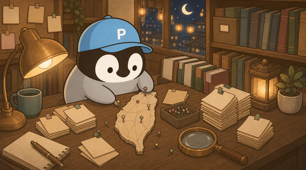 Penchan organizing hands-on Chinese search test notes over a Taiwan map
